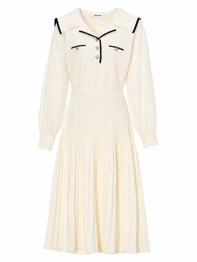 Knit Pleated Sailor-Collar Dress in Ivory with Black Trim